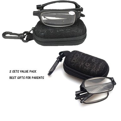 SOOLALA Mini TR90 Folding Reading Glasses with Clip Holder Zipper Case 7 Strengths