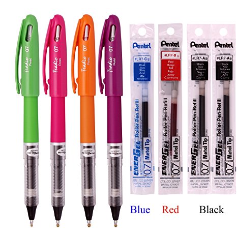 Pentel Roller Energel Tradio Gel Pen Medium Point Metal Tip Ballpoint Pen Black ink   Refill (4 Color Body)