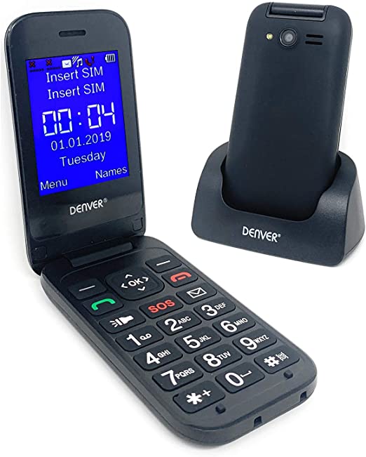Denver BAS-24200M Big Button Elderly Senior Easy To Use Unlocked Mobile Phone – Easy Answer, Dual Sim, Clamshell with 2.4” Colour Screen, Bluetooth, SOS, Torch & Camera