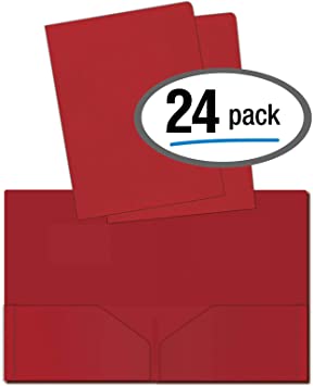 Heavyweight Plastic 2 Pocket Portfolio Folder, Letter Size Poly Folders by Better Office Products, 24 Pack (Red)