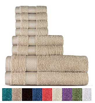 100% Cotton 8 Piece Towel Set (Linen); 2 Bath Towels, 2 Hand Towels and 4 Washcloths, Machine Washable, Super Soft by WELHOME