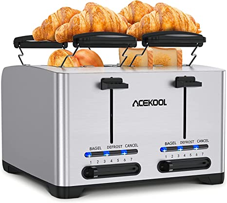 Acekool Toaster 4 Slice TA1 1500W Wide Slot Stainless Steel Toasters with Bagel, Reheat, Cancel, Defrost Function,7 Toasting Levels Toaster with Removable Crumb Trays & Warming Rack, silver, medium