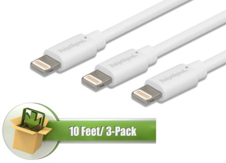 BudgetampGood 3 Pack 10 Ft Extra Long Lightning to USB Cable With Ultra Compact Connector Head Perfect for iPhone 6s Plus6 plus5s iPad Air and MiniCompatible with the Latest IOS 9 White