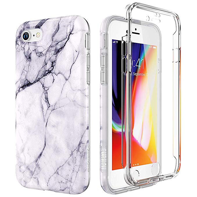 SURITCH Marble iPhone 8 Case/iPhone 7 Case, [Built-in Screen Protector] Full-Body Protection Hard PC Bumper   Glossy Soft TPU Rubber Gel Shockproof Cover for iPhone 7/iPhone 8- Black/White