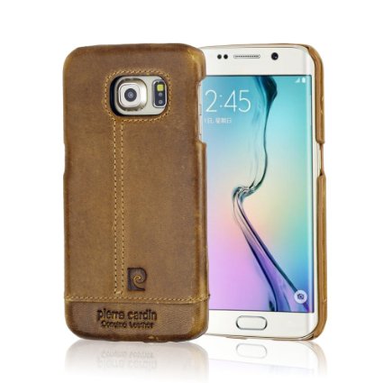 Galaxy S6 Edge Case, Pierre Cardin Premium Genuine Leather Lightweight Slim Snap On Hard Back Cover For Samsung Galaxy S6 Edge Brown