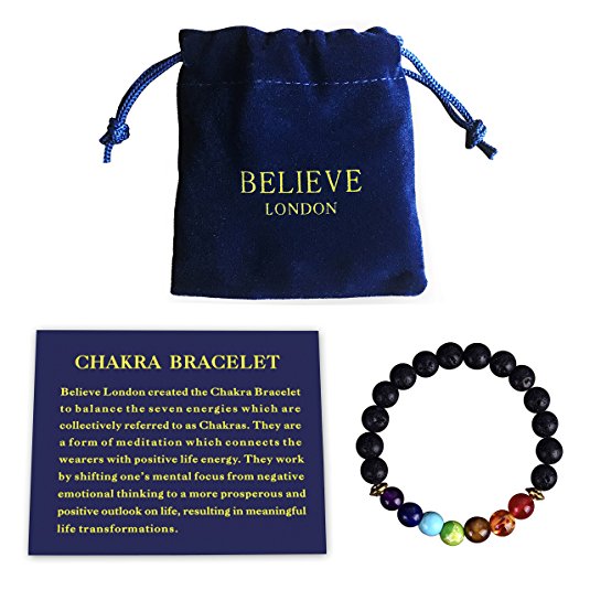 Believe London Chakra Bracelet With Jewelry Bag & Meaning Card | Adjustable Bracelet To Fit Any Wrist 7 Chakra Natural Stone Healing Reiki Yoga