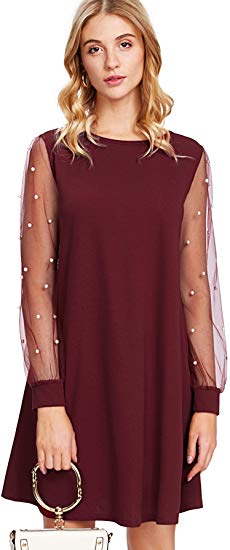 DIDK Women's Tunic Dress with Embroidered Floral Mesh Bishop Sleeve