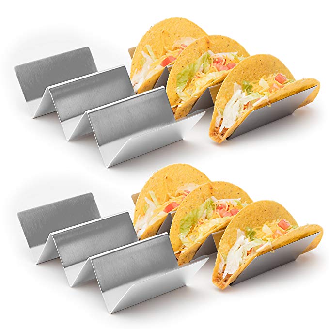 Stylish Stainless Steel Taco Holder Stand, Taco Truck Tray Style, Rack Holds Up to 3 Tacos Each, Oven Safe for Baking, Dishwasher and Grill Safe, 4” x 8”, by California Home Goods (4 Pack)