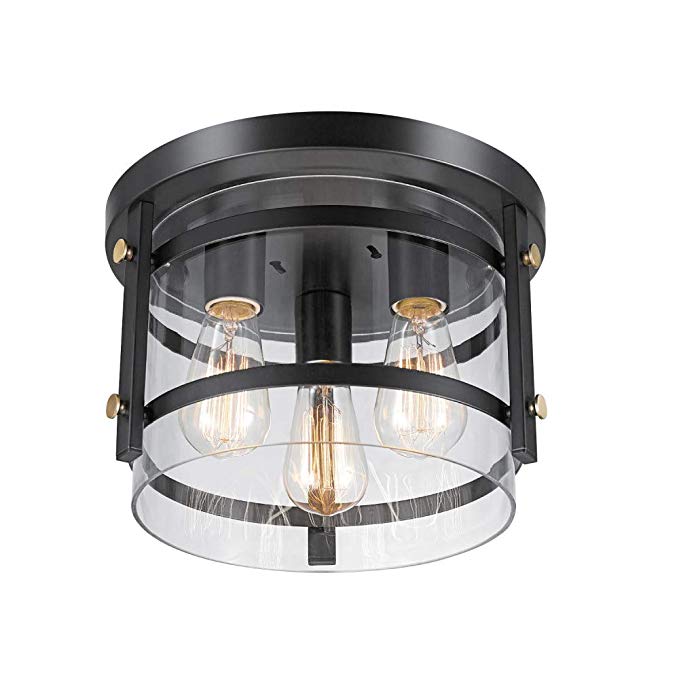 Globe Electric Wexford 3-Light Flush Mount Ceiling Light, Dark Bronze, Brass Detail, Clear Glass 60417