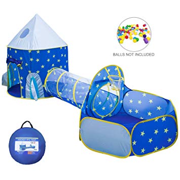 Xindinyi 3pc Rocket Ship Play Tent Astronaut Kids Playhouse with Play Crawl Tunnel and Ball Pit, Foldable Playhouse with Carry Bag (Tunnel Tent)