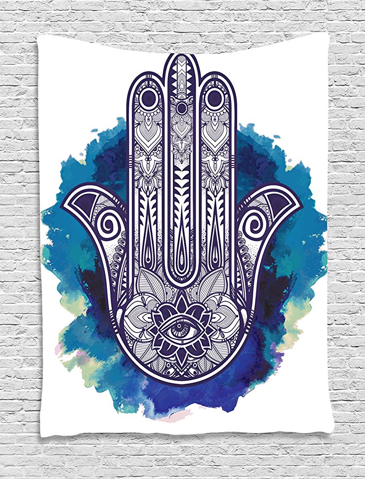 Hamsa Tapestry Ethnic Decor by Ambesonne, Hamsa Hand of Fatima Good Luck Symbol Oriental Ornament Meditation, Bedroom Living Girls Boys Room Dorm Accessories Wall Hanging Tapestry, Pink Blue White