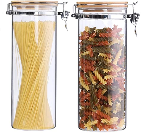 Tall Borosilicate Glass Spaghetti Storage Jars with Airtight Lids,Pasta Storage Containers Hinged Lids,Resealable Clear Kitchen Canisters,Cereal Noodle Holder Container Bamboo Lid,68 Floz,Pack of 2