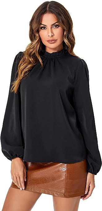 Milumia Women's Casual Pleated Frill Mock Neck Blouse Long Sleeve Work Shirts Tops