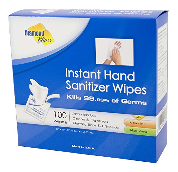Instant Hand Sanitizer Alcohol (64% ethyl alcohol) Wipes 100 Count Packets, Kills 99.99% of Common Germs, Perfect for Travel, Lunch Bag, Purse