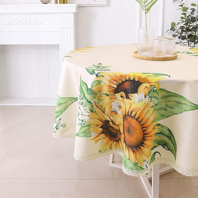 Flyspeed Sunflower Floral Print Round Tablecloth Waterproof Fabric Table Cloth for Dinning Room 60 Inch by 60 Inch