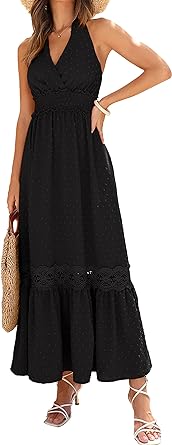 MASCOMODA Summer Halter Maxi Dress for Women 2024 Sleeveless Casual Beach Boho Swiss Dot Smocked Flowy Long Dress Sundresses