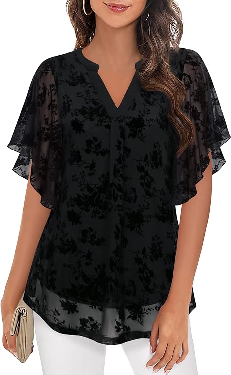 Timeson Women's Short Sleeve V Neck Blouses Shirts Floral Double Layers Mesh Tunics Tops