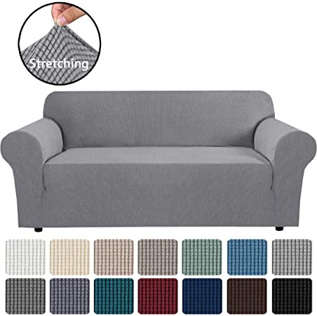 H.VERSAILTEX Stretch Sofa Covers Couch Cover Furniture Protector Sofa Slipcover 1-Piece Feature High Spandex Textured Small Checks Jacquard Fabric with Elastic Bottom(XL Sofa 96"-116" Wide: Dove)