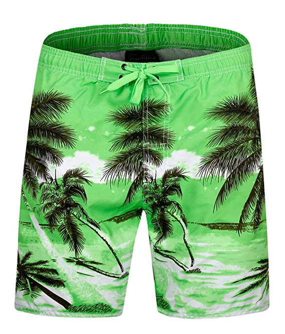 ELETOP Men's Swim Trunks Quick Dry Board Shorts [Shorter Length] with Mesh Lining and Pockets Coconut Tree Print
