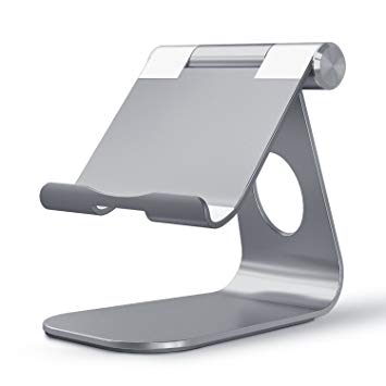 iPad Pro Stand, OMOTON Adjustable Multi-Angle Aluminum Stand, with Stable Sticky Base and Convenient Charging Port, Fits All Smart Phones, E-readers and Tablets (Up to 12.9 inch), Space Gray