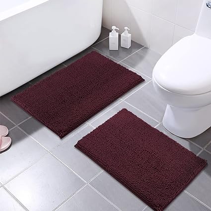 MAYSHINE 2 Pack Bathroom Rug Set | Soft Absorbent Chenille Microfiber Bath Mat | Non Slip PVC Backing, Machine Washable Shower Rug | No More Cold or Wet Feet - Fluffy Shag Carpet, 16x24, Burgundy