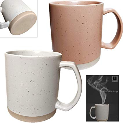 Flat Bottom Coffee Mug Set for Warmer | 2 Large Ceramic Coffee Mugs with Completely Flat Bottoms | Big Coffee Mugs can hold 16 ounces | Keto Coffee Recipe