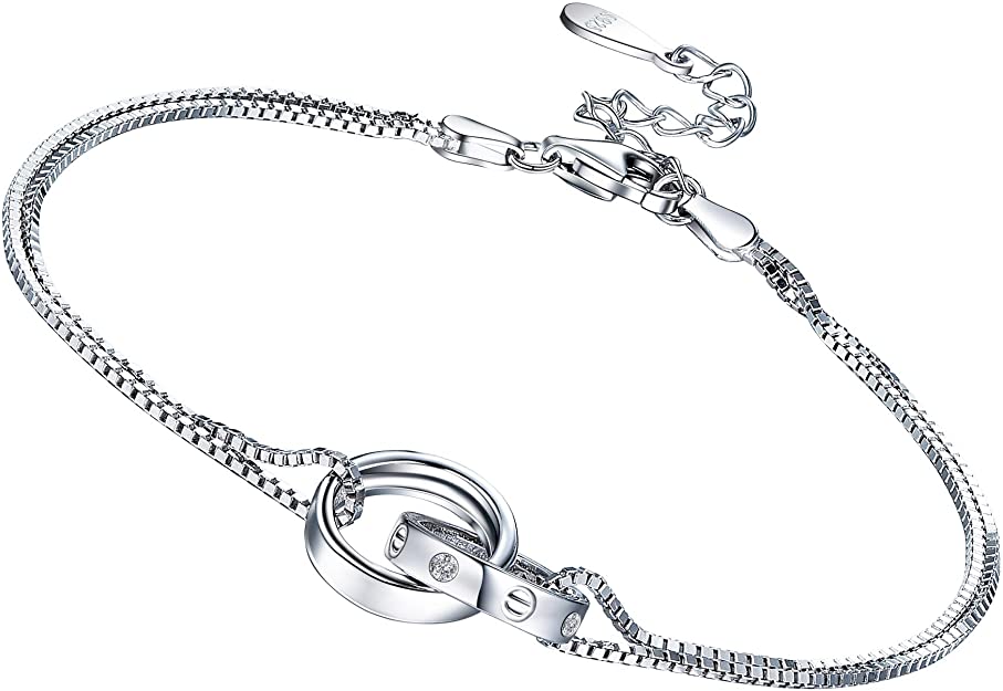 F.ZENI Double Chain Circle Bracelet 925 Sterling Silver Charm Bracelet Interlocking Infinity Bracelets for Women Anniversary Birthday Jewellery Gift
