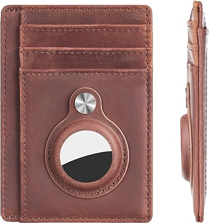 Hawanik Genuine Leather Slim Minimalist Front Pocket Wallet with Built-in Holder for AirTag, Genuine leather-brown, medium, Minimalist