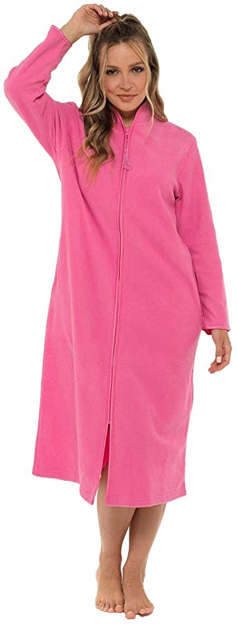 Undercover Ladies Zip Up Soft Fleece Dressing Gown, Zipped Robe with Satin Trim UK 10-28 Rose, Purple, Blue, Lilac & Pink