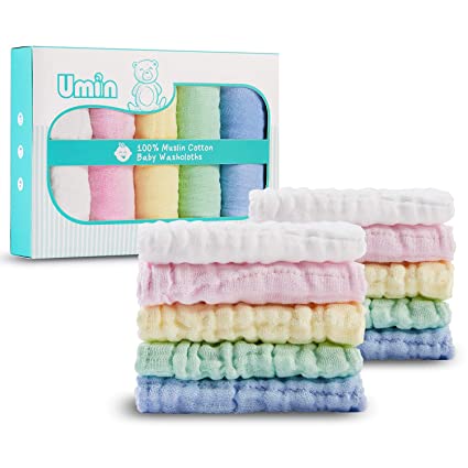 Umiin Baby Washcloths Set of 10, Soft Cotton Baby Muslin Washcloths Set Baby Wipes Baby Face Towel, Baby Shower Gift, Baby Registry Must-Haves, 12 x 12 inches