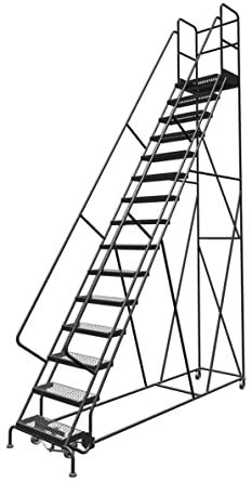 Tri-Arc KDSR115242-D2 15-Step 20" Deep Top Steel Rolling Industrial & Warehouse Ladder with Handrails, 24" Wide Grip Strut Tread