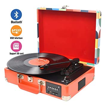 DIGITNOW Record player Turntable with Multi-function Bluetooth/FM Radio/USB to MP3 Recorder/SDcard/PC Recording, Rechargeable battery and suitcase design
