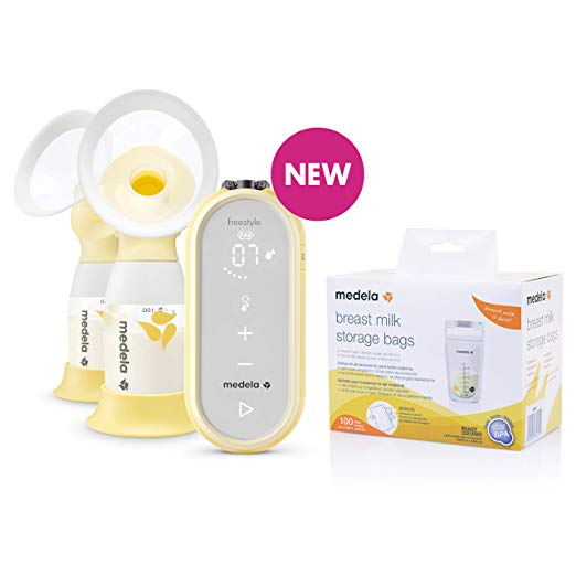 Medela Freestyle Flex Breast Pump with Bonus 100 Breast Milk Storage Bags, Closed System Quiet Handheld Portable Double Electric Breastpump, Mobile Connected Smart Pump with Touch Screen LED Display