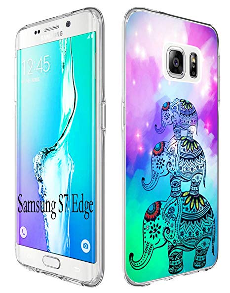 S7 Edge Case Elephant, Gifun [Anti-Slide] and [Drop Protection] Soft TPU Premium Flexible Full Protective Case Cover for Samsung Galaxy S7 Edge (5.5 inches) W There Flowers Elephant Design 2017