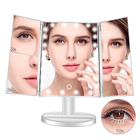 Benbilry Led Lighted Vanity Makeup Mirror Trifold With 1x/2x/3x Magnification Detachable 10x Spot Mirror
