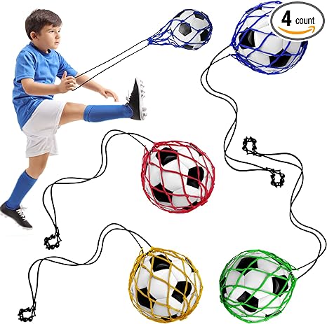 4 Pcs Kids Soccer Ball Trainer Soccer Juggle Kick Trainer Solo Handle Throw Adjustable Locked Net Bungee Elastic Soccer Ball Net Kicker for Youth Adults Training Equipment, 4 Color Size 3 4 5