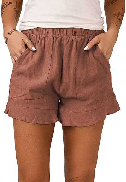 Dokotoo Womens Ruffle Hem Elastic Waist Solid Casual Shorts Pants with Pockets