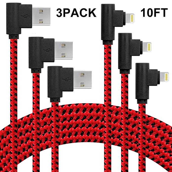 90 Degree iPhone Charger Cable 10ft 3 Pack Right Angle Fast Charging Cord Durable Braided Compatible with iPhone X 8/7/6(Red,3 Pack)