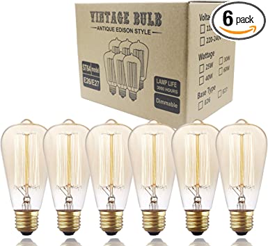 Vintage Edison Bulbs, Rolay 60W Clear Glass Edison Style Square Spiral Filament Incandescent Light Bulb, 6 Pack