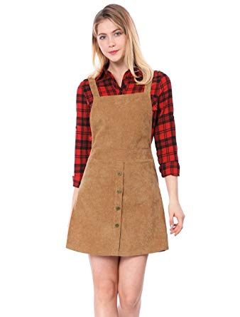 Allegra K Women's Straps Button Decor A-line Corduroy Skirt Overall Dress