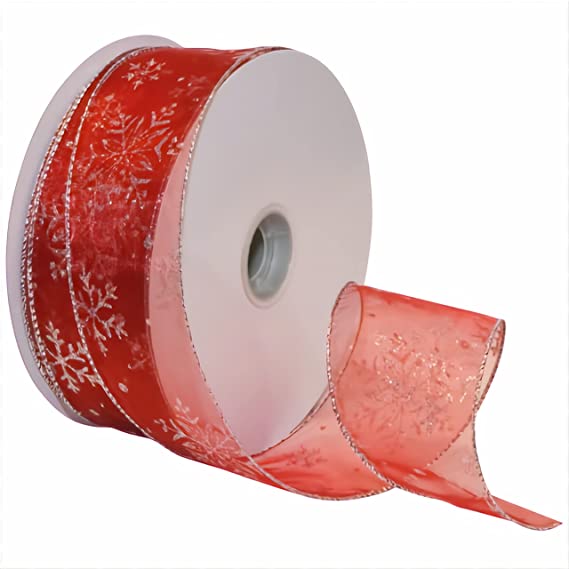 Morex Ribbon Snowflake Wired Sheer Glitter Ribbon, 2-1/2-Inch by 50-Yard Spool, Red/Silver
