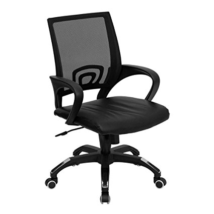 Flash Furniture CP-B176A01-BLACK-GG Mid-Back Black Mesh Computer Chair with Leather Seat