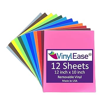 Vinyl Ease 12 inch x 10 inch, 12 Assorted Sheets, Matte Removable Adhesive Vinyl for Craft Cutters V3000