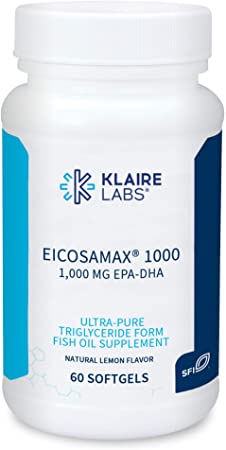 Klaire Labs Eicosamax 1000 - Highly Concentrated (1000 Milligrams per Softgel) Triglyceride Fish Oil, Ultra Pure Molecularly Distilled Omega 3 EPA/DHA with No Fishy Burps (60 Softgels)