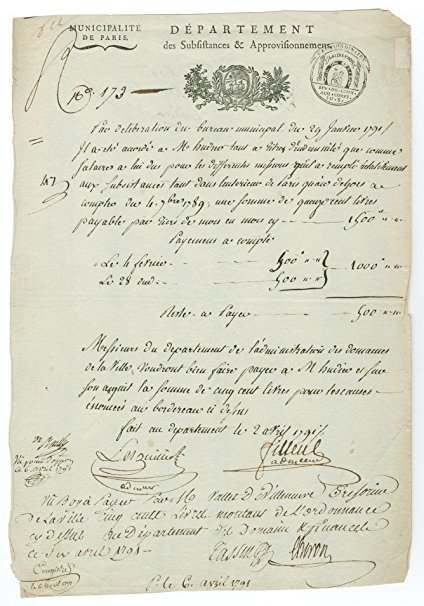 Jean Bailly - Mayor of Paris - Autographed Manuscript 1791 Document