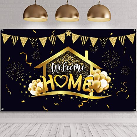 Welcome Home Party Decorations Supplies Homecoming Party Backdrop Welcome Back Home Banner Return Home Photography Background for Family Party Home Decoration Photo Booth Black Gold, 70.8 x 43.3 inch