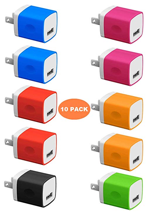 Chargers, 5W USB Power Adapter [10-Pack] Universal Wall Charger Cube for Plug Outlet for iPhone 8 / X / 7 / 6S / Plus  , Samsung Galaxy, Motorola, HTC, More (Family Pack) (Random Color)