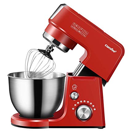 Comfee 2.6Qt Die Cast 7-in-1 Multi Function Tilt-Head Stand Mixer with SUS Mixing Bowl, Whisk, Hook, Beater, Splash Guard.4 Outlets, 7 Speeds & Pulse, 15 Minutes Timer Planetary Mixer (Red)