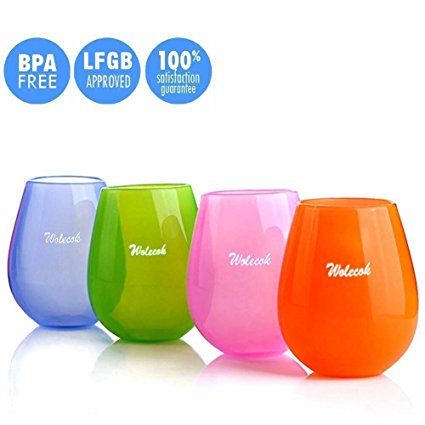 Wolecok Set of 4 Flexible Silicone Camping Wine Glasses Camping Reusable Party Cups - 12 OZ (Multicolored)