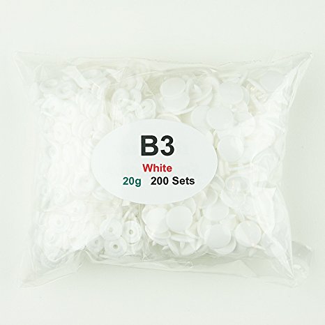 200 Sets of B3 Glossy WHITE - SIZE 20 (1/2") - KAM Plastic/Resin Snaps for Diapers/Bibs/Cloth/PUL